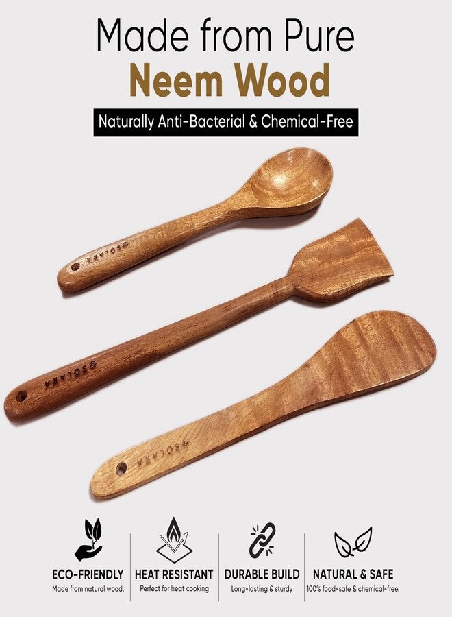 SOLARA Neem Wooden Spatula Set of 3, Wooden Ladle, Skimmer, Dosa Spatula Kitchen Tools, Naturally Antibacterial Eco-Friendly & Non-Toxic Ideal for Non-Stick Cookware - Image 2